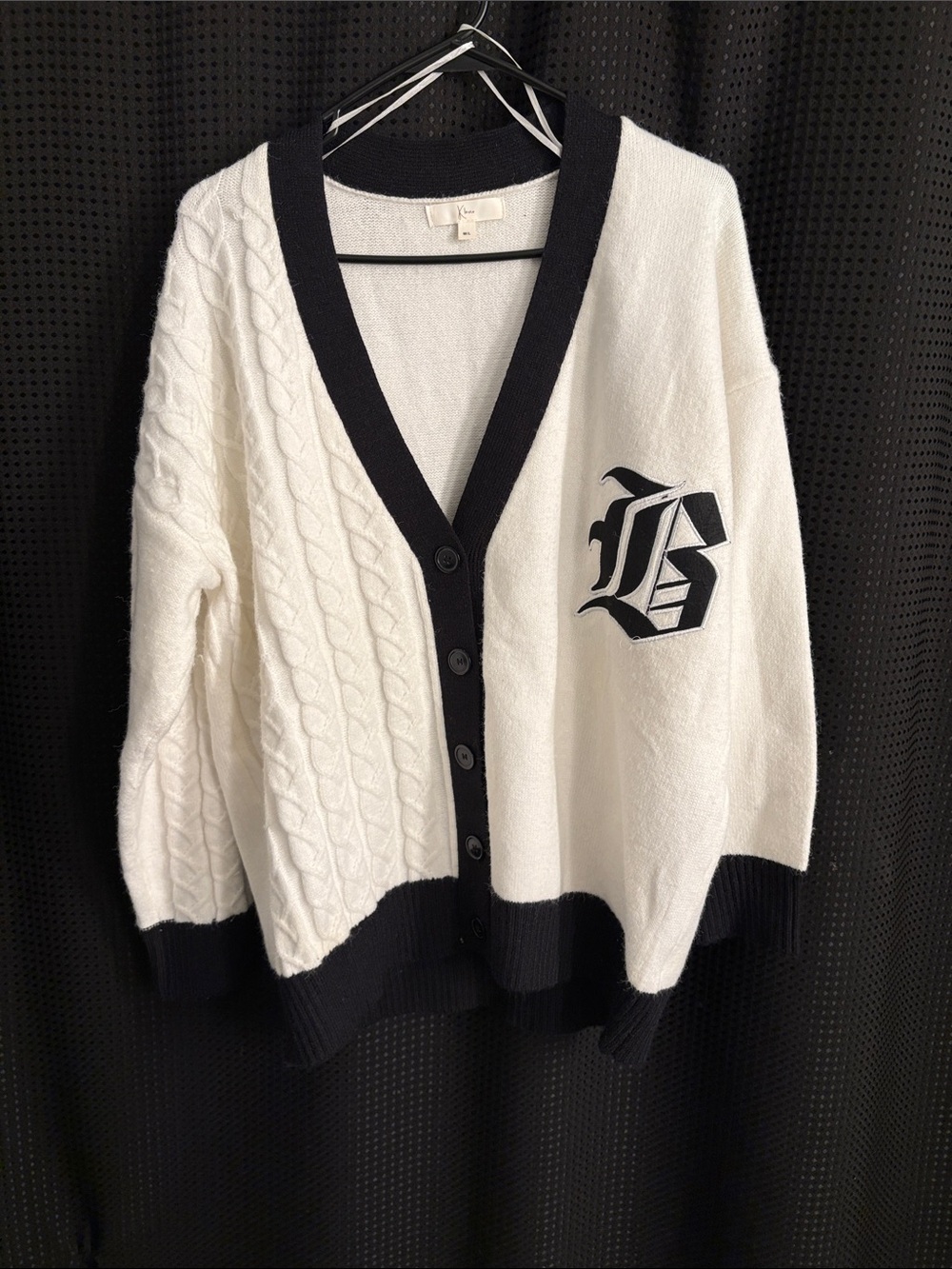 White & Black Contrast Cable Knit Cardigan Sweater